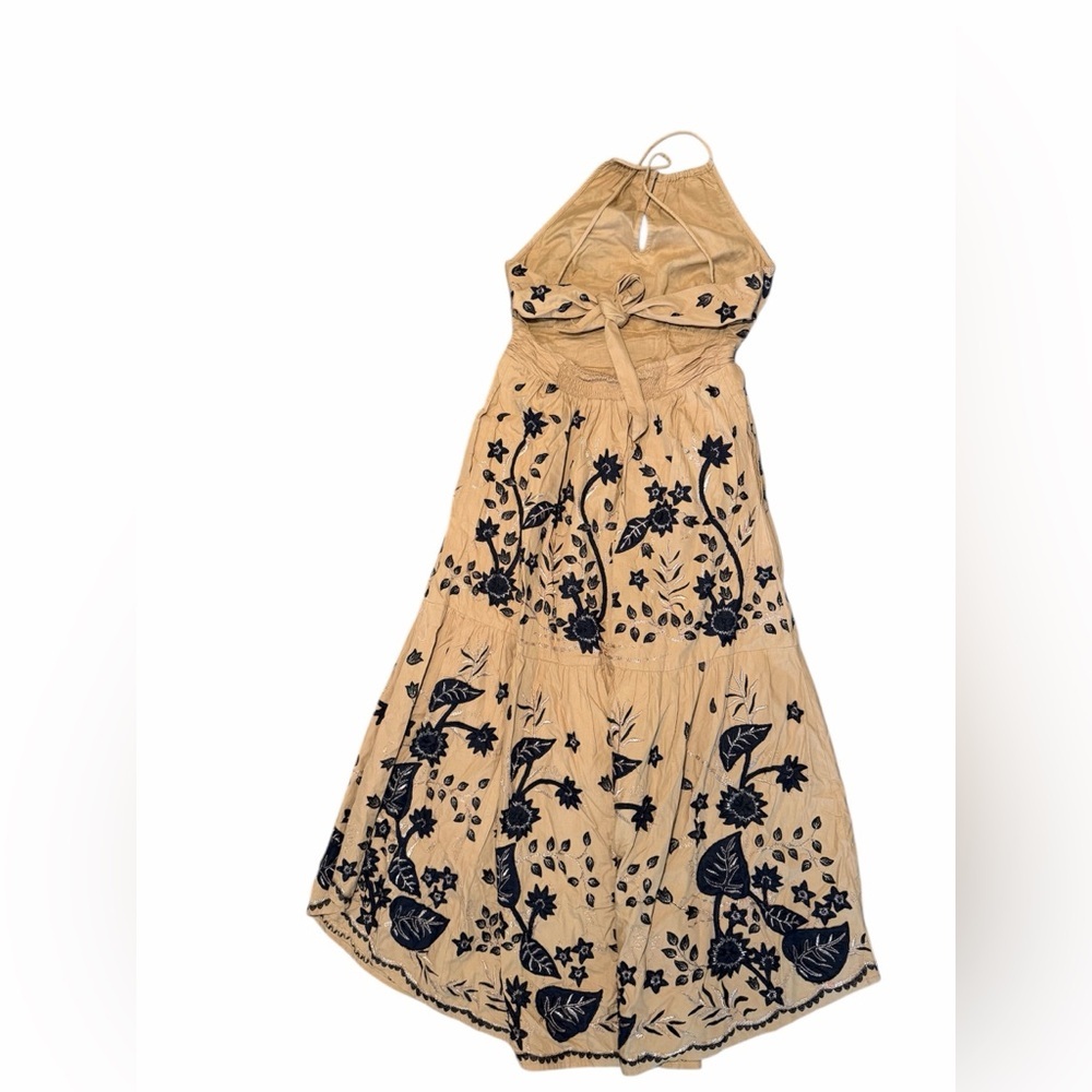 Anthropologie Maeve Tie Back Embroidered Halter Maxi Dress Honey Black Floral 4 - Picture 5 of 7